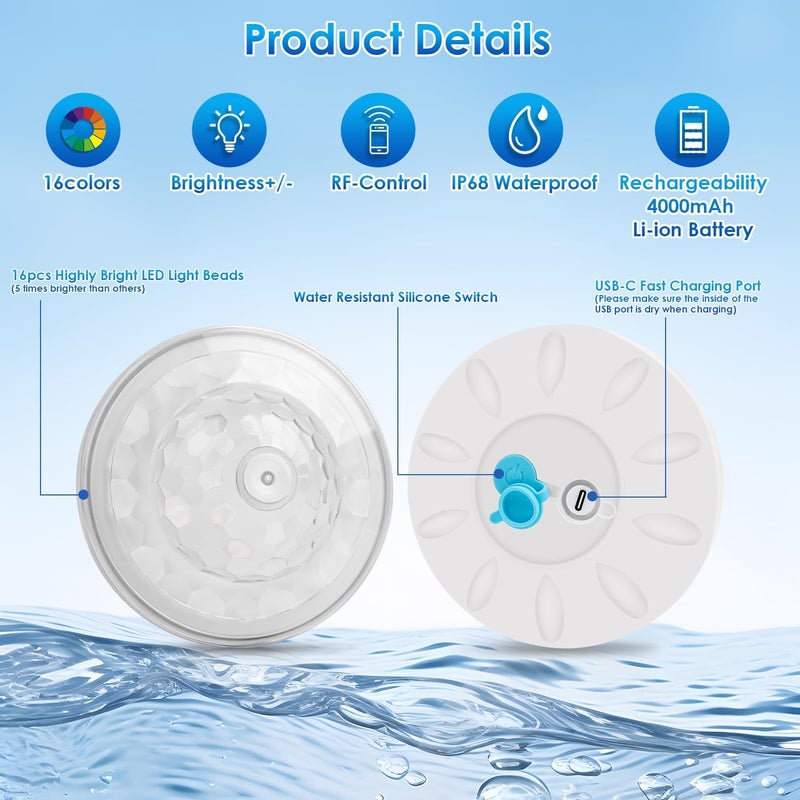 QOLNBY Floating Pool Lights, IP68 Waterproof Pool Lights, Rechargeable RGB Upper and Lower Color Changing Pool Lights with 6 Dynamic Lighting Effects, Floating Light for Pond Gardens,Party -2 Pack - Image 4